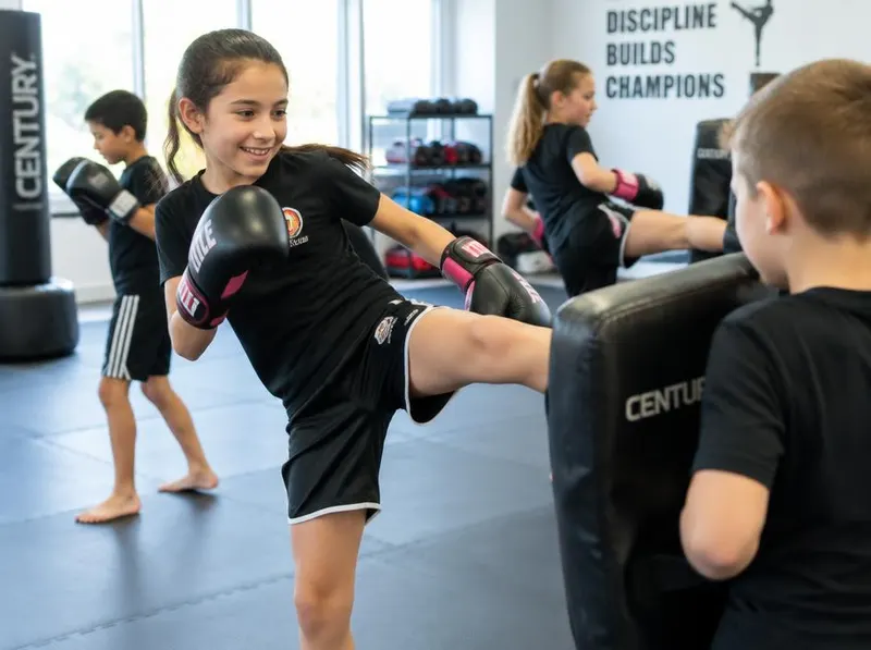 A girl throwing a kick into a pad during a kids kickboxing class.