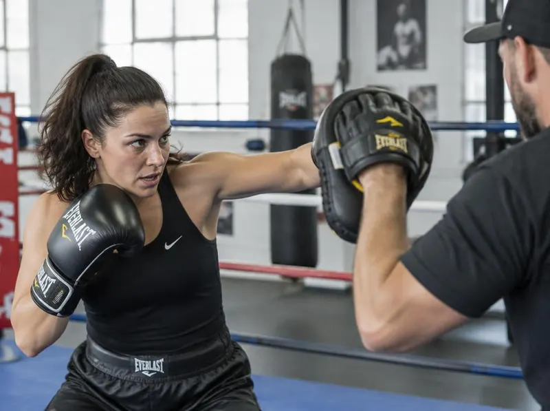 A woman throwing a jab into focus mitts held by a coach.