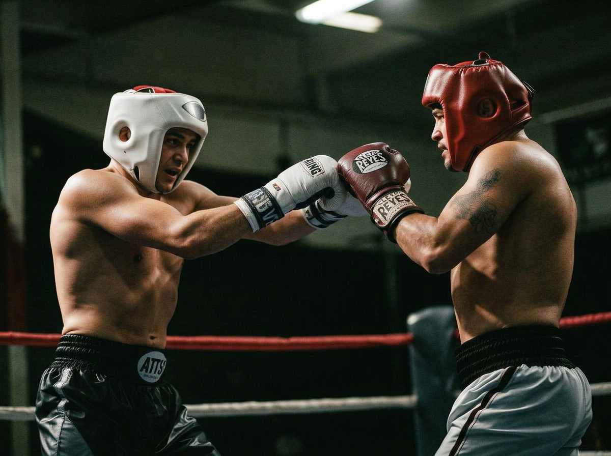 Two boxers sparring in a ring wearing headgear and gloves.