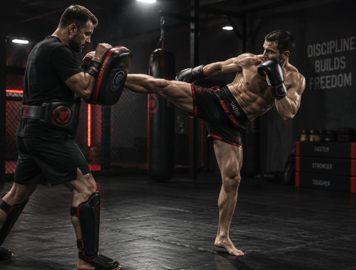 A kickboxer throwing a roundhouse kick into pads held by a coach.