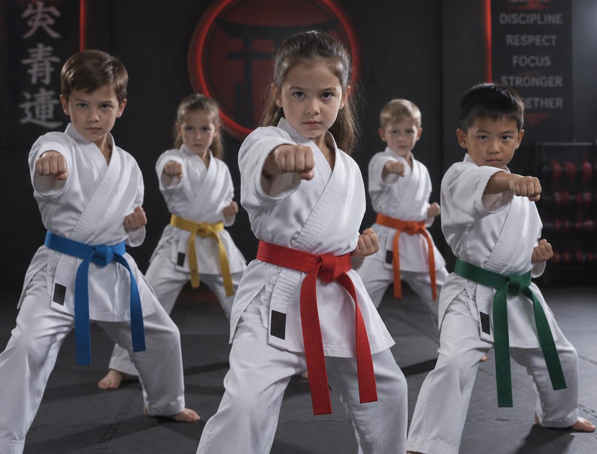 A group of kids in white karate uniforms practicing punches together in the dojo.