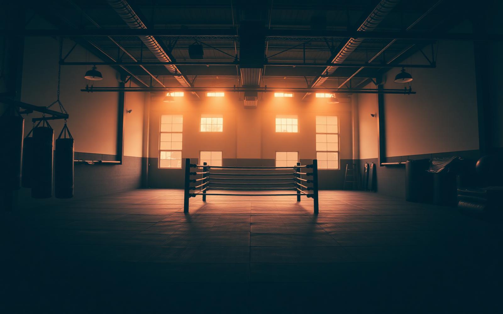 Wide view of the Striking Academy training floor with a boxing ring and heavy bags.